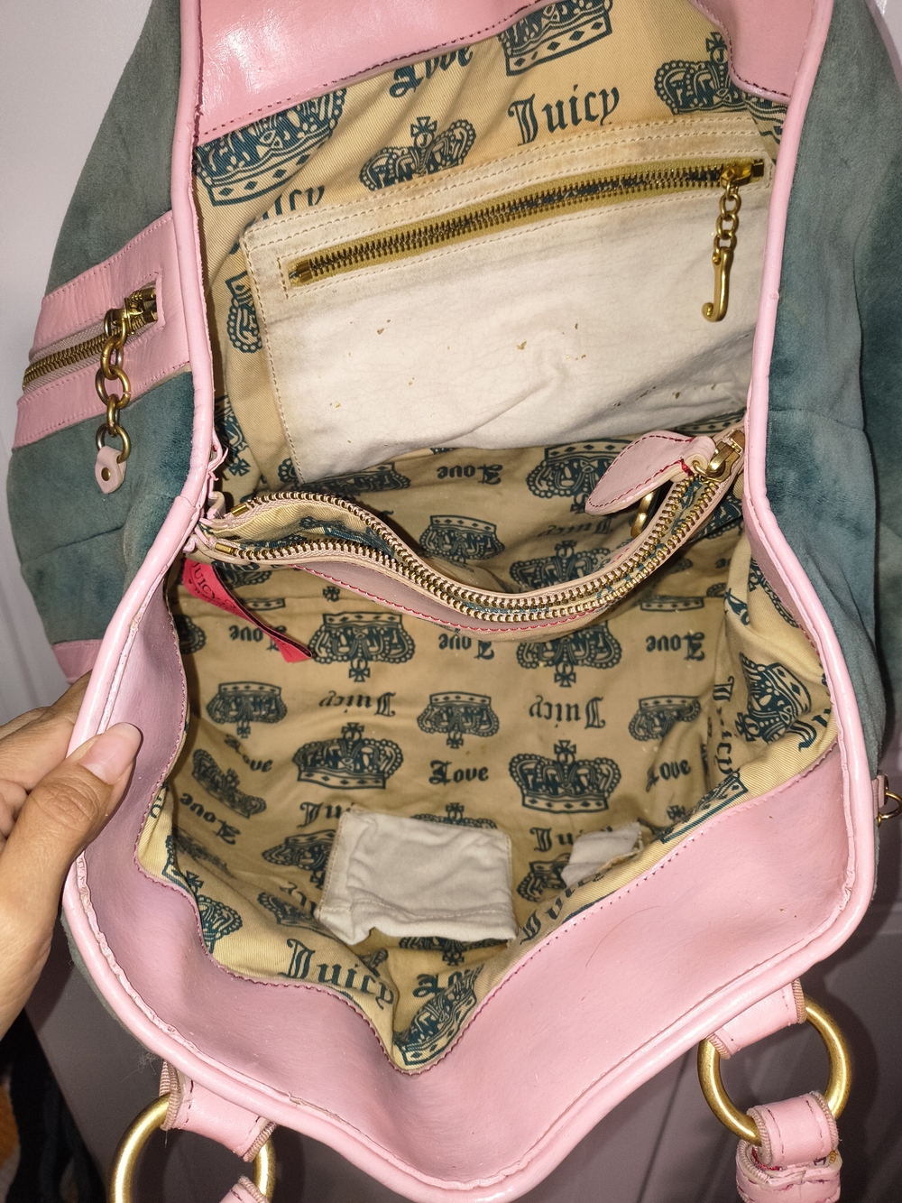 Juicy Couture Green Velvet Tote with Pink Leather Handles and Embroidered Crest - Picture 2 of 12
